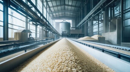 Obraz premium Grain Transportation Within Modern Storage Facility Showing Conveyor System and Large Silos in Agricultural Warehouse Setting