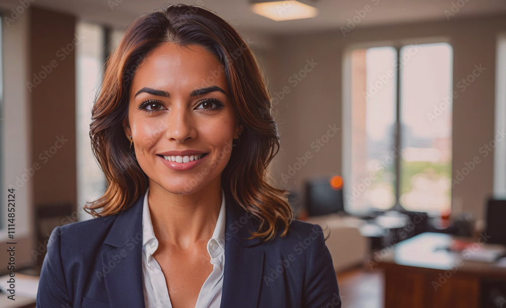 Poster woman is smiling and wearing a suit. she is standing in front of a window. there are two chairs in t
