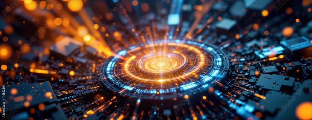 Fototapete Abstract tech background. Luminous particles create dynamic pattern. Glow effect. Circular tech design. Modern art piece. Dynamic communication concept. Future tech. Digital network. Business concept