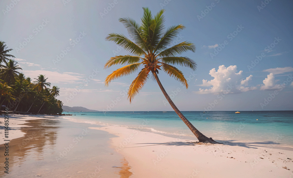 Aufkleber Palm tree is standing on a beach. The palm tree is tall and has a trunk. The beach is sandy and has a clear blue ocean