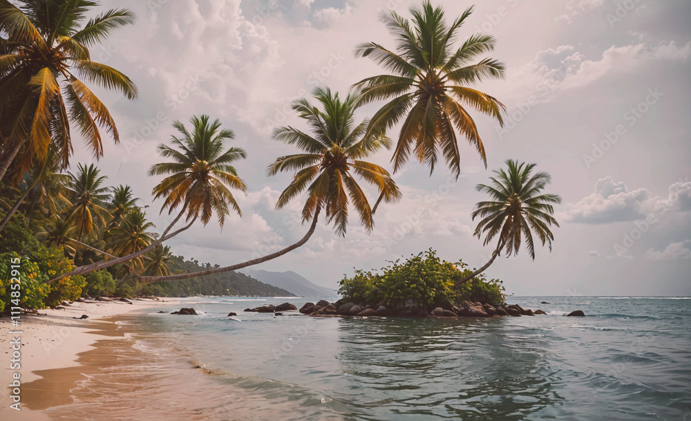 Aufkleber palm tree is standing on a small rock in the ocean, near the shore. the tree is surrounded by water,