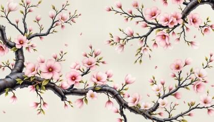 Obraz premium Illustration beautiful spring floral scene with magnolia blossoms in retro Chinese style. Image features delicate flower petals, branches against light cream background. Soft pastel pink flowers,