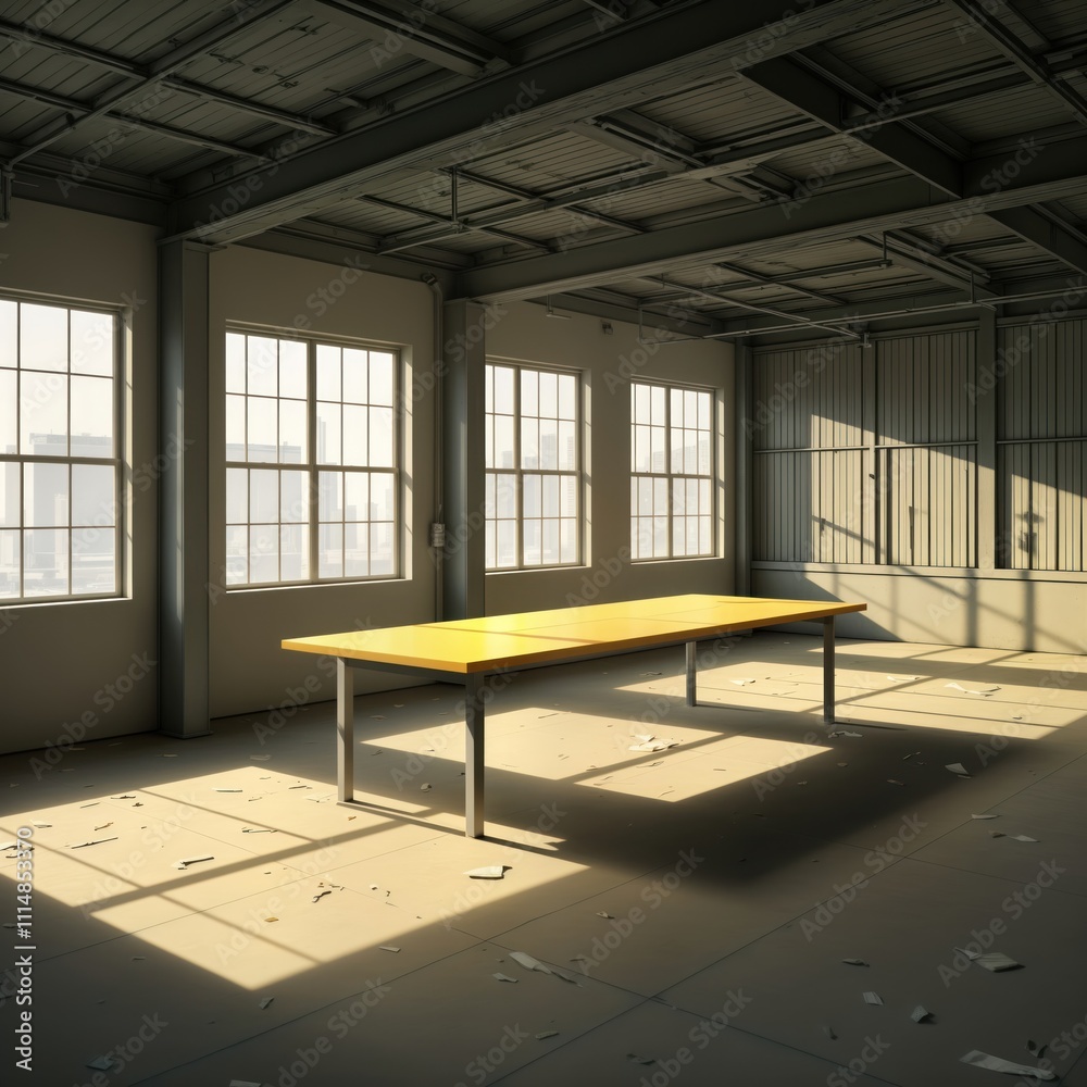 Poster empty interior room with large windows. long yellow table is in the middle. sunlight illuminates the