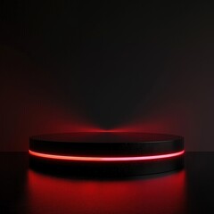 A black cylindrical podium with a red neon light around it