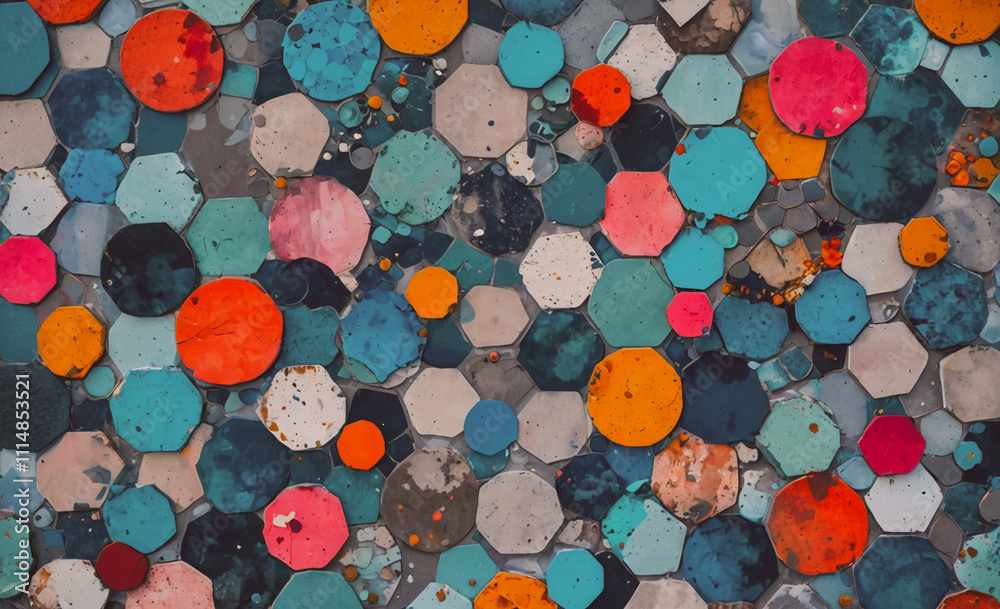 Poster wall with many different colored circles. some are blue, some are red, and some are white