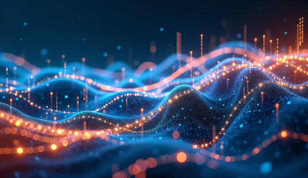 abstract digital waves, blue and orange light particles, futuristic background, technology concept, glowing lines, D rendering, visual effect of data streams, intricate network design, digital art