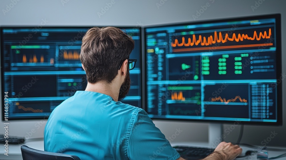 Poster a person analyzes data on multiple monitors, showcasing graphs and statistics in a modern workspace 