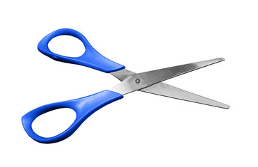 Top view of open blue scissors isolated on white background