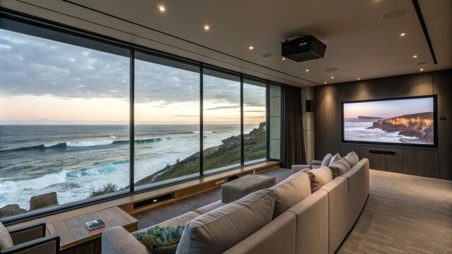 Fototapeta A private cinema room with oversized windows giving guests the unique opportunity to watch films while beholding the wonders of the ocean.