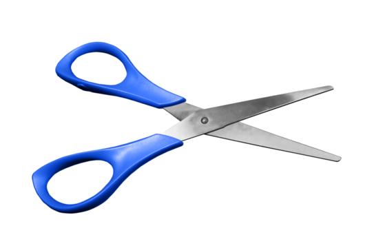 Top view of open blue scissors isolated on white background - Powered by Adobe