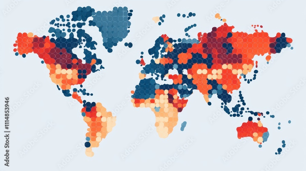 Poster a colorful world map highlighting various regions with dots representing data distribution across co