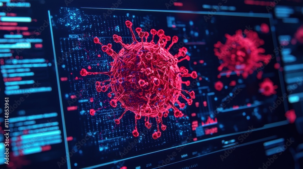 Poster a digital representation of the coronavirus, highlighted in red on a dark background, surrounded by 