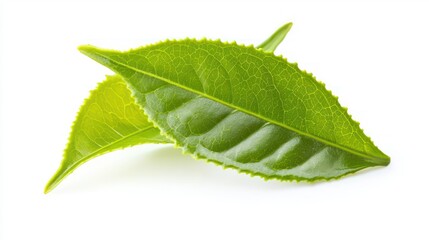Fototapeta premium Green tea leaf isolated on white background with sharp details