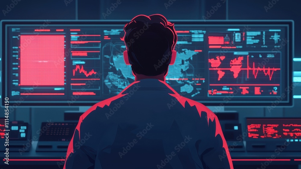 Poster a person in a lab coat analyzes data on a high-tech screen displaying graphs and maps, illuminated b