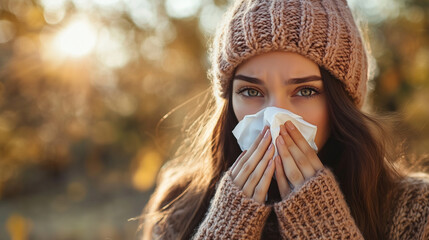 Woman blowing her nose in a winter landscape, suffering from cold or allergies outdoors