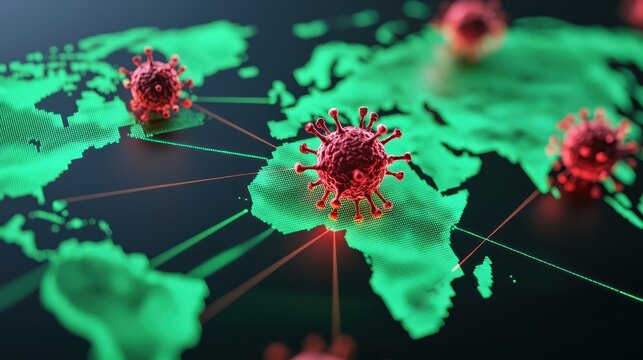 A digital map highlights global COVID-19 spread, showcasing virus icons overlaid on a green representation of Africa and connections between locations.