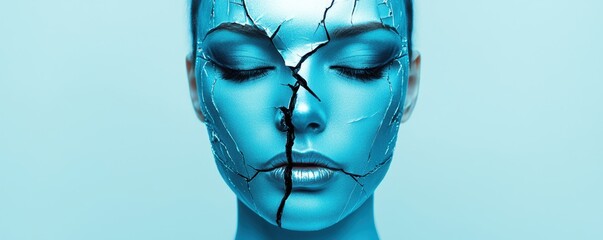 cyberbullying internet impact concept. A striking blue mannequin face with cracks, symbolizing beauty and fragility in a surreal, artistic representation.