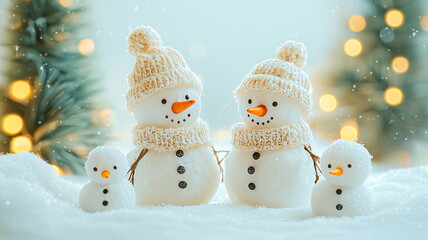 Two cheerful snowmen wearing cozy hats and scarves stand on a snowy landscape, surrounded by miniature frosted trees and glowing festive lights in a dreamy scene