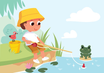 Boy is sitting on the bank of river, pond and fishing on spinning rod,  sunny day, frog sitting next, bird sitting on bucket, water lilies float calmly in quiet water 