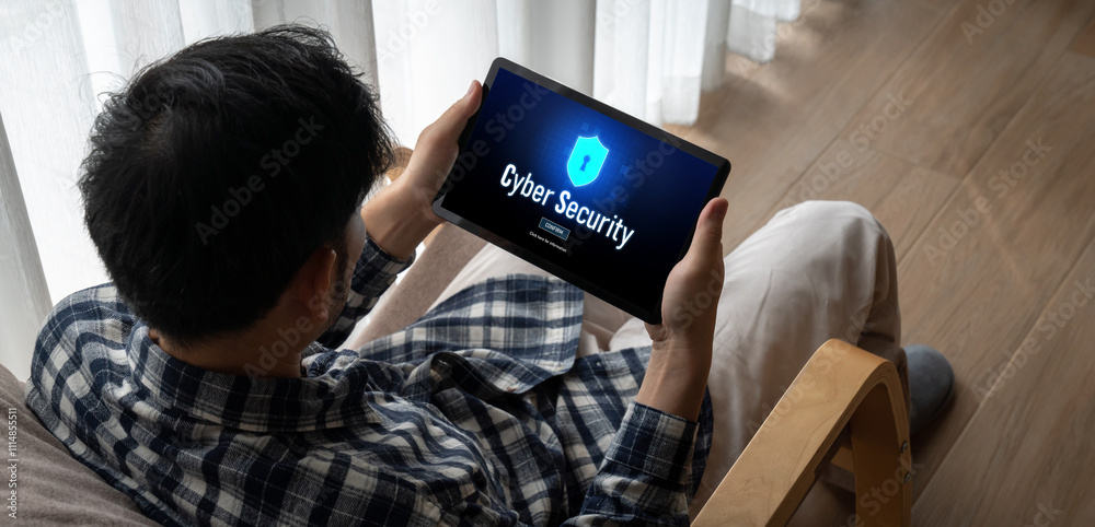 Poster cyber security system on computer screen protect private information snugly from hacker and cyber at