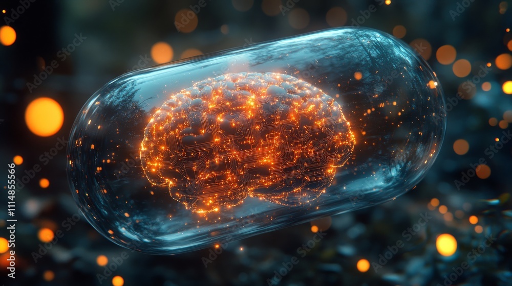 Poster futuristic concept of a glowing brain encapsulated in a clear structure within a digital landscape