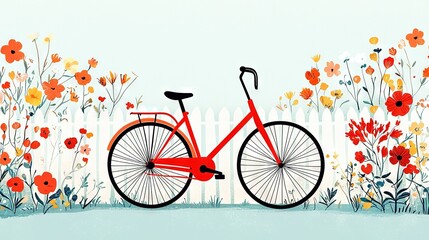 Fototapeta premium A red bicycle rests before a white fence, adorned by red and orange flowers