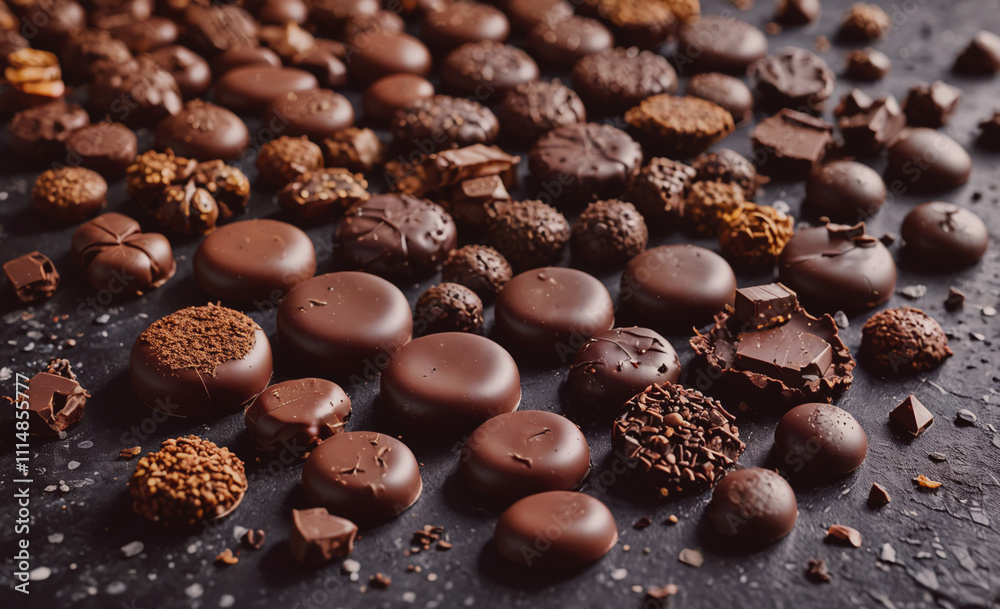 Aufkleber Bunch of chocolate candies are on a black surface. Some of them are broken. There are many different shapes and sizes of the candies