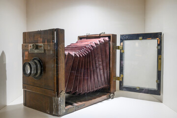 old style bellows camera on display in the exhibition hall