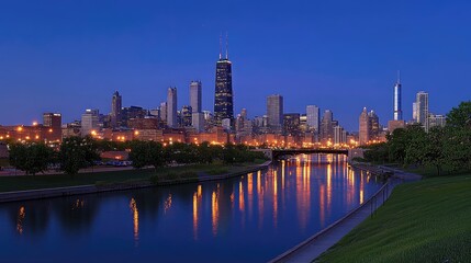 Obraz premium Chicago skyline at dusk with river reflection and city lights