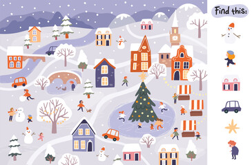 Winter snowy cartoon town city concept easy simple drawing map scene. Find hidden objects items in picture puzzle game. Merry Christmas background New Year Feliz navidad, Neujahr, Capodanno,le Nouvel
