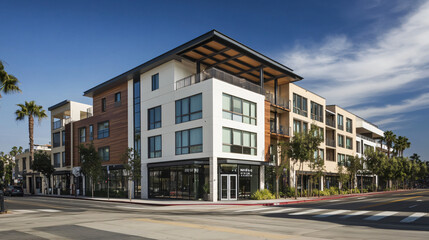 Fototapeta premium A mixed-use building incorporating residential, retail, and office spaces.A mixed-use building incorporating residential, retail, and office spaces.A mixed-use building incorporating residential, reta