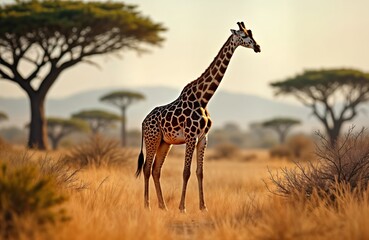 Obraz premium Graceful giraffe stands tall in African savanna landscape. Sunlight highlights pattern. Savanna grassland, acacia trees background. Wild animal in natural habitat. Wildlife photo beauty of nature.