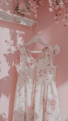 Vintage floral dress on hanger with pink flowers and soft shadows evoking girlhood design aesthetic