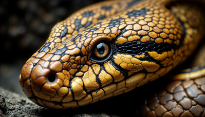 Fototapeta premium a close-up of a snake's head, showcasing its scales and eye. The snake's scales are patterned with shades of yellow and black, and the eye has a reflective, almost glossy appearance.