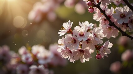 Obraz premium Sunlit pink cherry blossoms in spring.