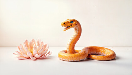 Fototapeta premium a stylized, anthropomorphic snake with a human-like face, sitting next to a blooming lotus flower on a plain surface.
