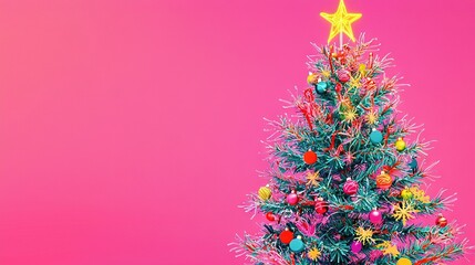 Obraz premium A vibrantly hued Christmas tree atop a rosy backdrop with a golden star above its highest branch