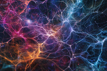 A vibrant abstract representation of neural networks with colorful interconnections and glowing nodes, creating a mesmerizing cosmic feel.
