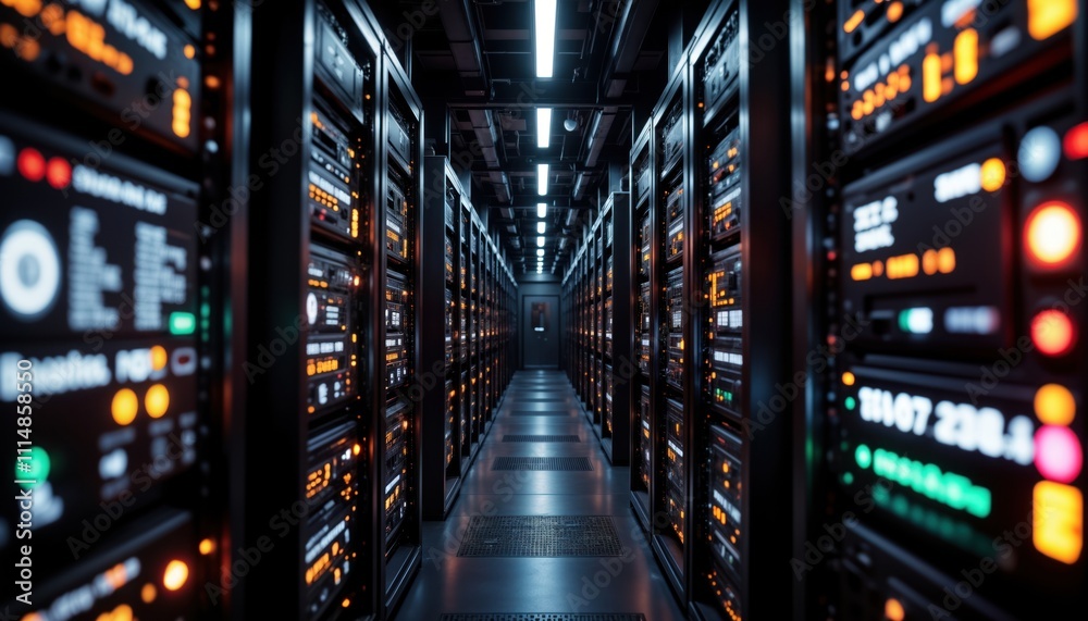 Poster Modern tech server room. Many computer servers in racks. Network hardware, equipment. Digital tech future concept. Data center. Advanced computing infrastructure. Communication systems. Global