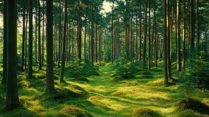Fototapeta premium Tranquil Sunlit Forest Pathway Surrounded by Lush Green Foliage