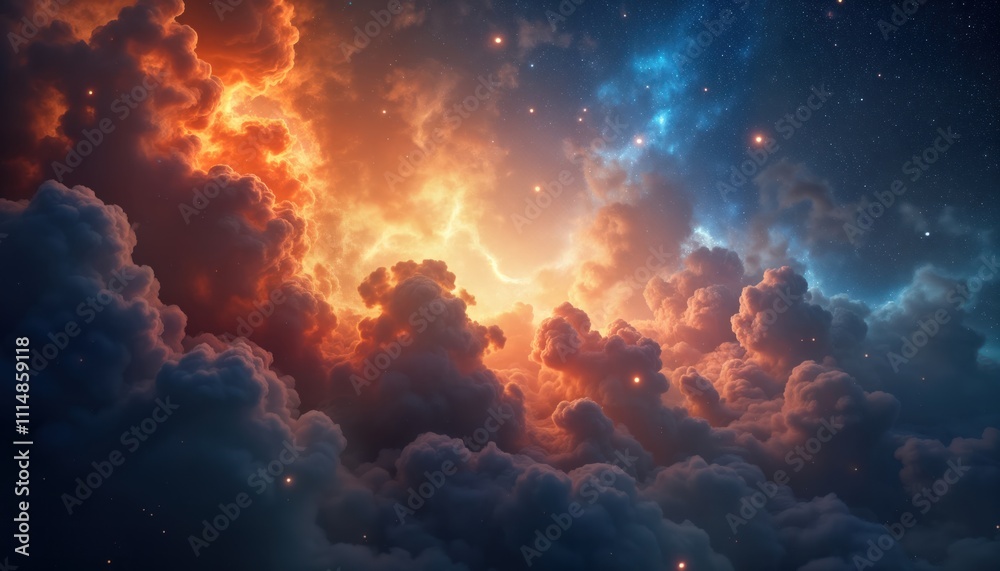Poster colorful space clouds with glowing stars. celestial bodies, nebulae blend in fantasy space. abstract