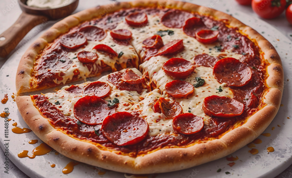Poster pepperoni pizza with a slice missing. the pizza is on a white plate. there is a spoon on the right s