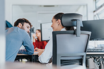 Fototapeta premium A group of diverse employees engage in a collaborative discussion at a modern office. The image highlights teamwork, communication, and professional interaction in a multicultural workplace setting.
