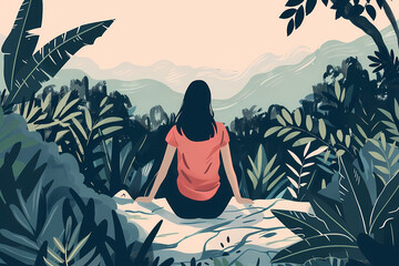 Obraz premium A woman sits peacefully amidst lush greenery, enjoying a serene view of the mountains in the background, embodying tranquility and connection with nature.