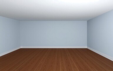 A minimalist simple room interior featuring light blue walls a blank wall and rich brown hardwood floors a corner view showcasing clean interior design.