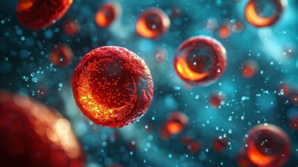 Naklejka premium A highly detailed close-up visualization of glowing, spherical microscopic organisms or cells in a blue fluid environment, demonstrating intricate biological processes