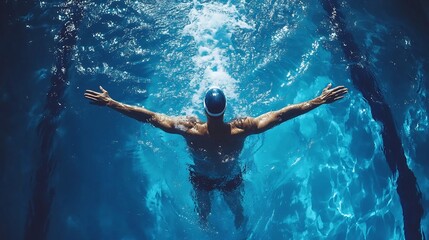 Fototapeta premium Top View of Powerful Butterfly Swimmer Gliding Through Tranquil Pool Lane