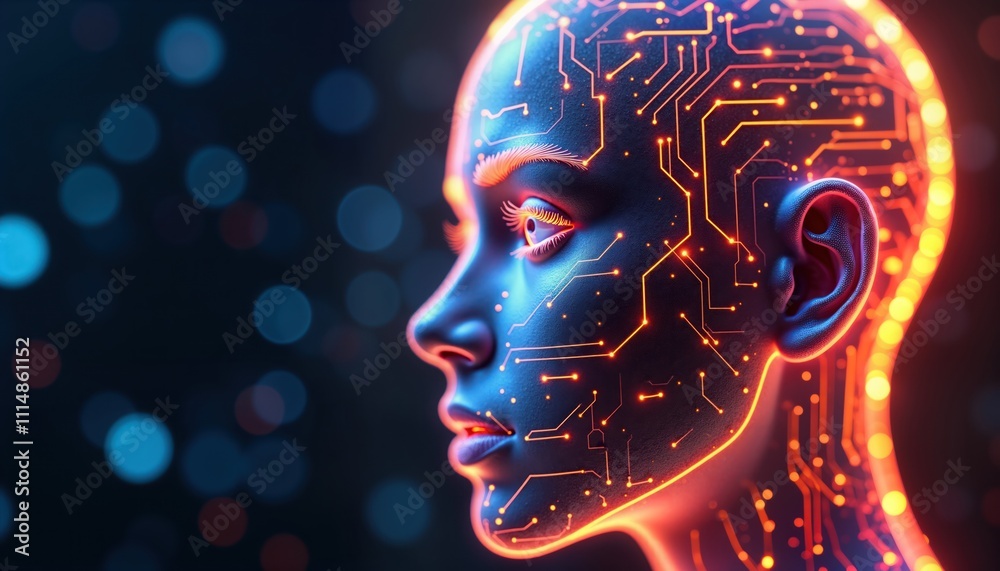 Aufkleber Futuristic human head design glows with tech circuits. Artificial intelligence, tech advancement. Conceptual vision of future. Modern design, cyber concept. Silhouette of human head with glowing
