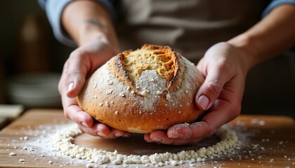 Artisan baker holds freshly baked sourdough bread. Flour dusted wooden surface. Handcraft, passion for baking. Wholesome, delicious bread. Rustic tradition. Home baking. Fresh bread. Healthy food.