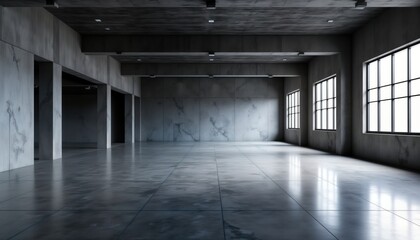 Spacious empty concrete room. Modern architecture. Long hallway with large windows. Light floods the area. Clean design. Empty interior. Suitable background for architectural projects.